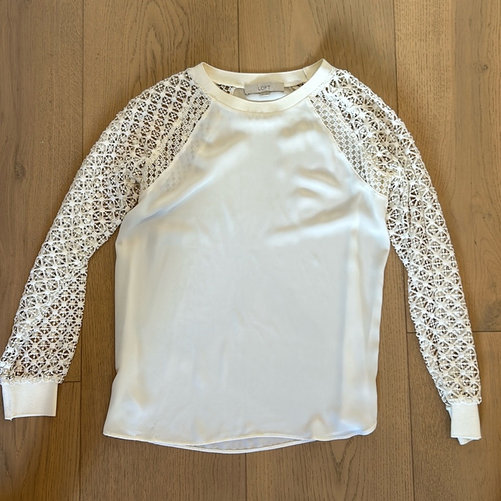 XS Loft white shirt with lace arms.